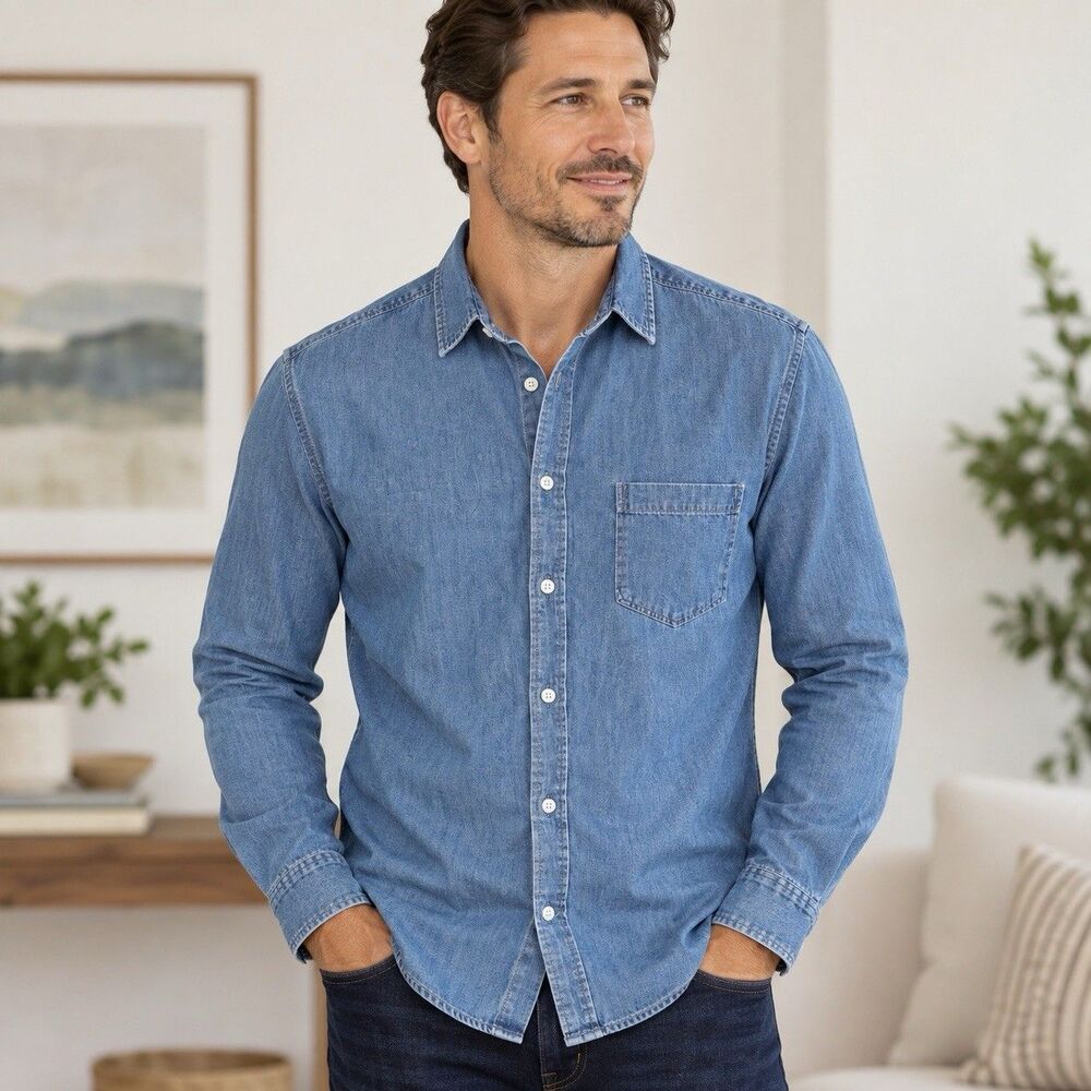 Treasure & Bond Men’s Trim Fit Denim Chambray Button LS Shirt Blue Large NWT